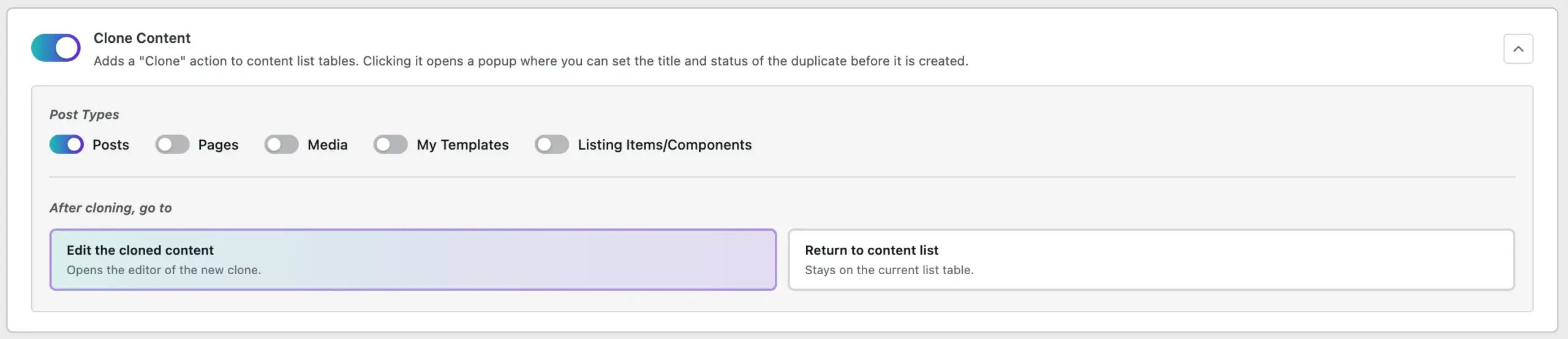 Clone WordPress content settings panel in TheOneWP