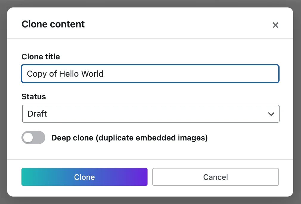 Clone WordPress content popup with title, status, and parent options