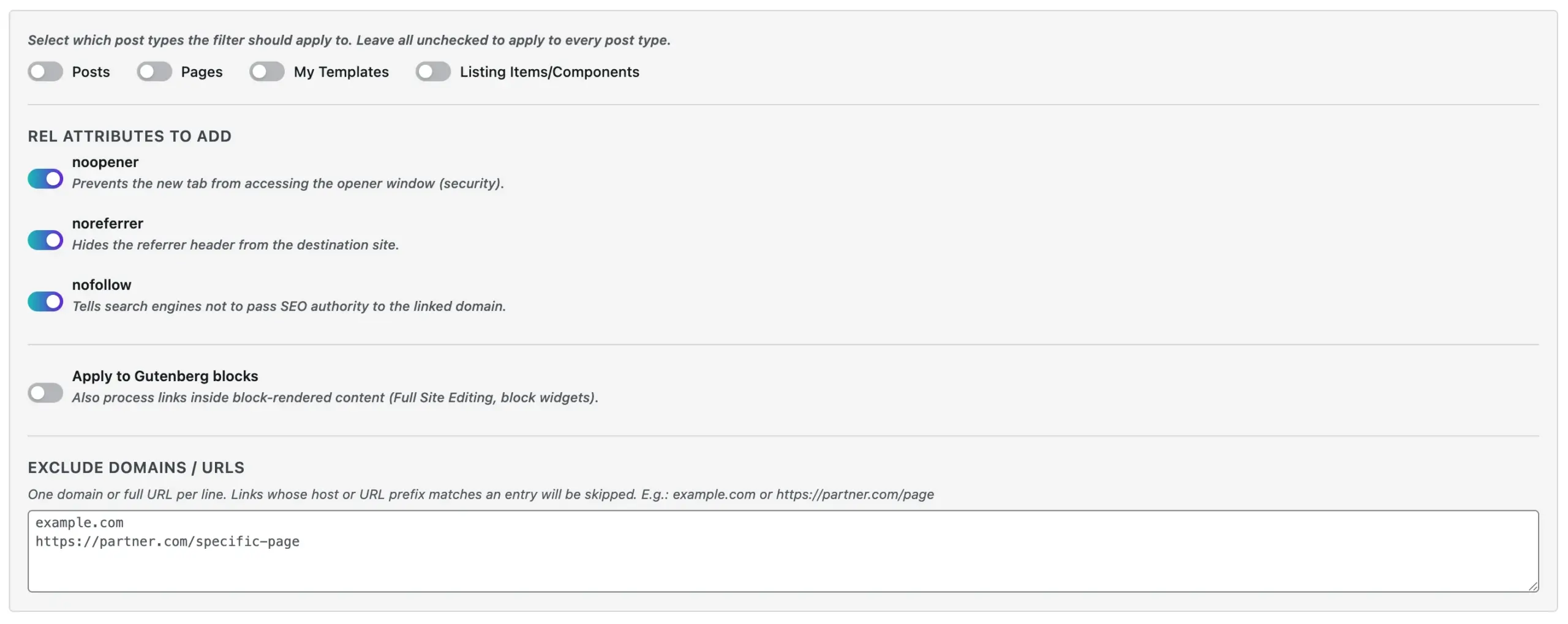 External links WordPress plugin settings panel in TheOneWP