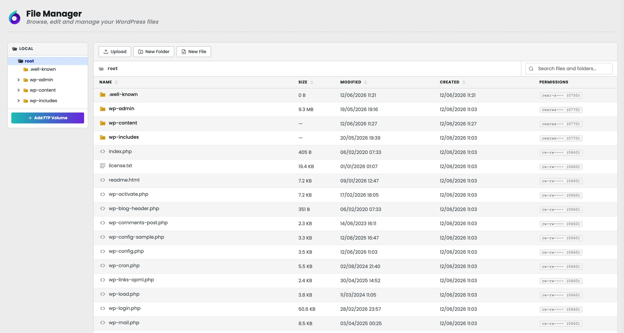 WordPress file manager interface in TheOneWP showing folders, files, sizes, permissions, and modification dates
