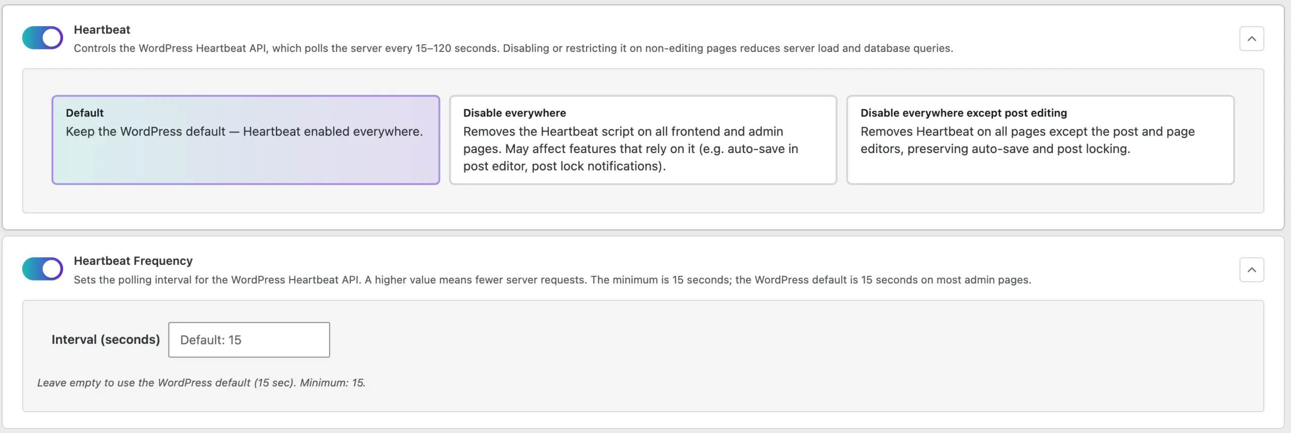 WordPress Heartbeat API control settings in TheOneWP showing default mode, disable everywhere, disable except post editing, and heartbeat frequency interval