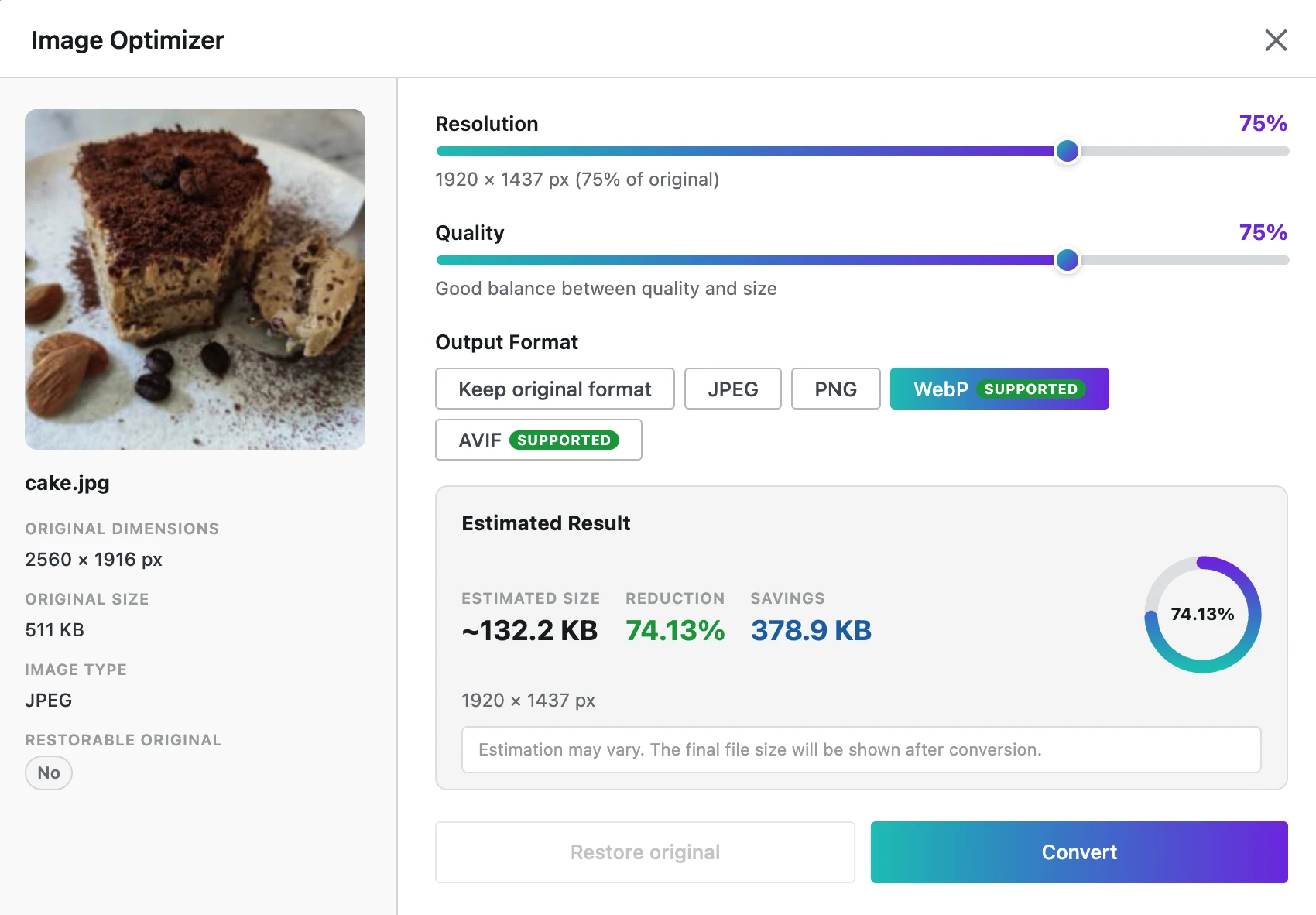 WordPress image optimizer interface in TheOneWP showing resolution, quality, format, estimated size, and restore controls