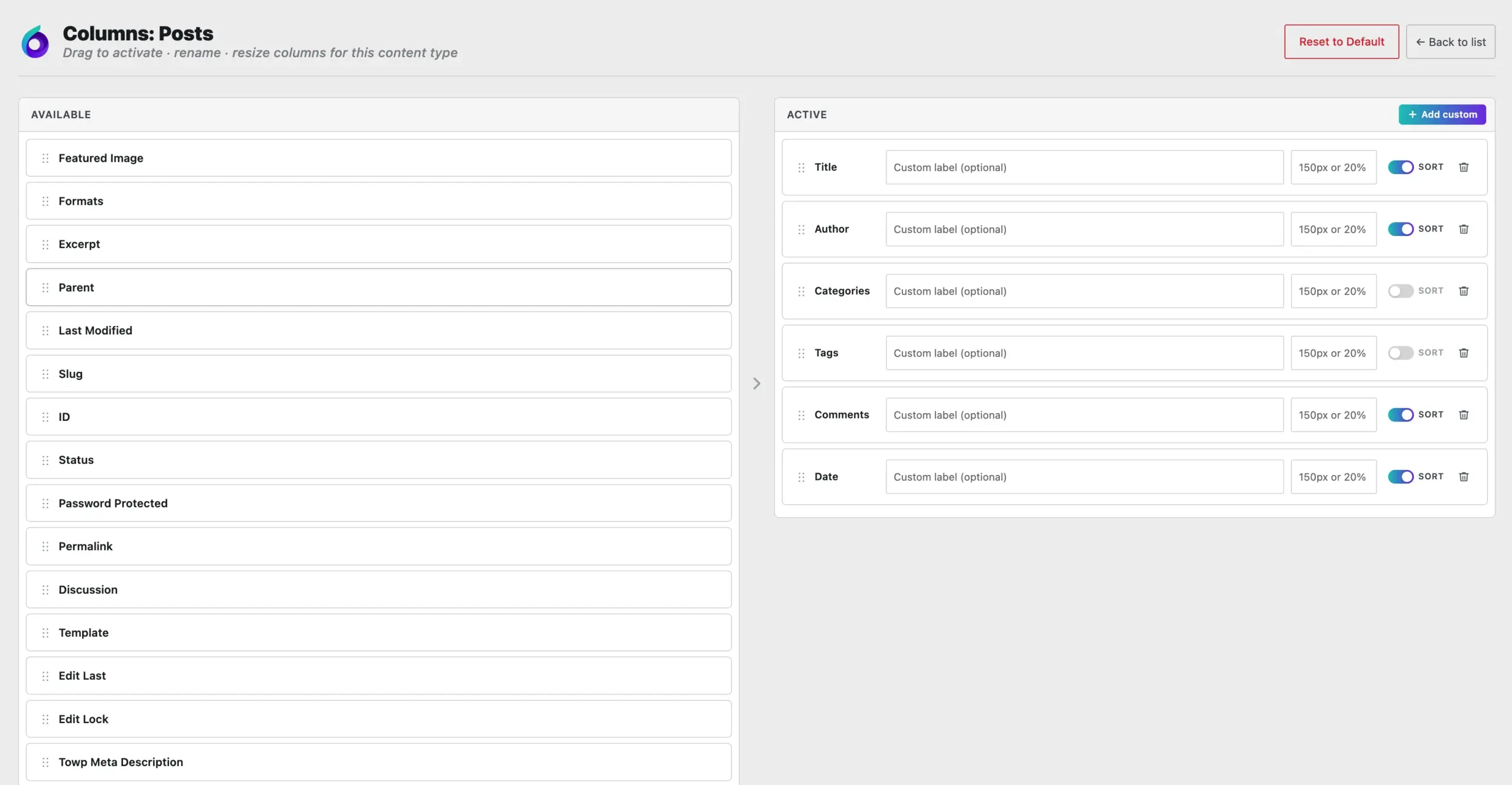 WordPress custom admin columns editor in TheOneWP showing available and active columns
